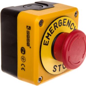 Kaseta sterownicza czarno-żółta stop bezpieczeństwa, ryglowany 40 mm (1NC) z tabliczką opisową Emergency Stop, T0-P1EC400E40K - obrazek 1