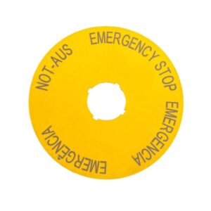 Tabliczka opisowa żółta okrągła EMERGENCY STOP (4 języki) M22-XAK2 216466 - obrazek 1