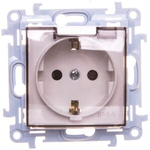 Simon 10 Gniazdo pojedyncze SCHUKO z uszczelką z przesłonami klapką trans. białe 16A 250V IP44 CGSZ1BZ.01/11A - obrazek 1