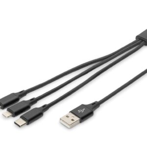 Kabel połączeniowy USB 3w1 Typ USB C + Lightning + micro USB B USB A M-M 10W nylon czarny 1m AK-300160-010-S - obrazek 1