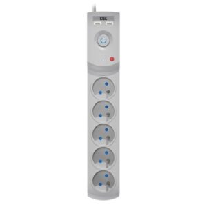 Przedłużacz przeciwprzepięciowy professional 5 gniazd 2xUSB 1,5m 10A 230V 2300W szary W-100040 - obrazek 1
