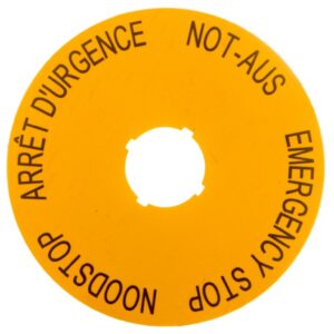 Tabliczka opisowa żółta okrągła fi90 EMERGENCY STOP (DE, GB, NL, F) M22-XAK3 216467 - obrazek 1