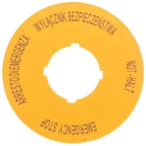 Tabliczka opisowa żółta okrągła EMERGENCY STOP (4 języki) M22-XBK15 167638 - obrazek 1